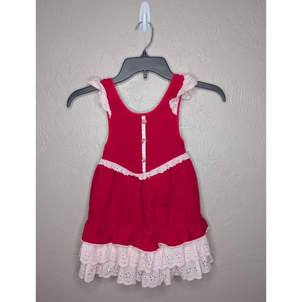 Vintage Evy Of California Toddler 4T Red White Eyelet Trim Corduroy Apron Dress